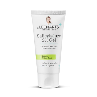 Salicylsäure 2% Gel der Marke Dr. Leenarts in einer weiß-grünen Tube für unreine bis fettige Haut